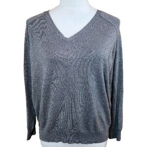 Talbots Womens V Neck Sweater Top Petite PXL Silver Gray Shimmer Sparkle Classic